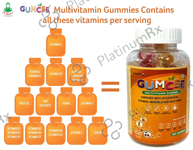 Gumcee Multivitamin Gummies with 15 Essential Vitamins (30 Each) Mix Fruit 1 Bottle