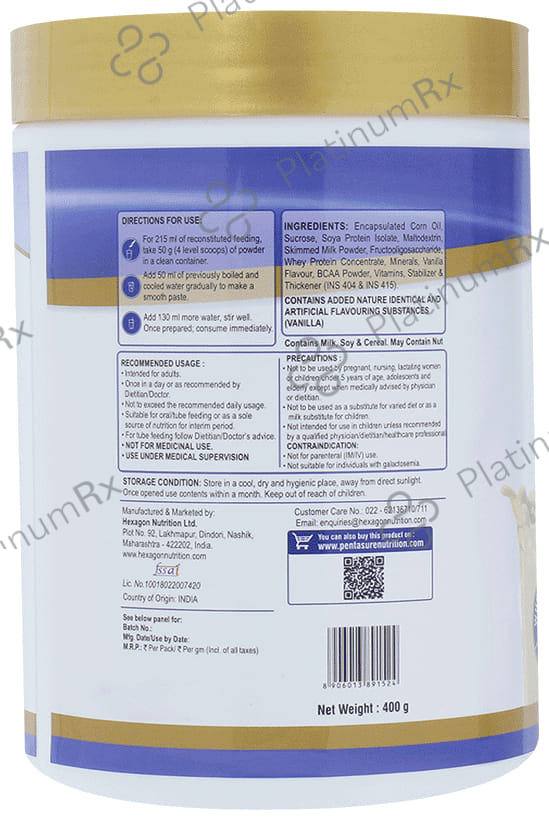 PentaSure Complete Balanced Nutrition with Prebiotic FOS & BCAA - Flavour Vanilla Powder 400 Powder