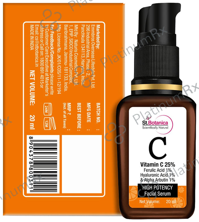 St.Botanica Vitamin C 25% + Ferulic Acid 1% + Hyaluronic Acid 1% & Alpha Arbutin 1% High Potency Facial Serum