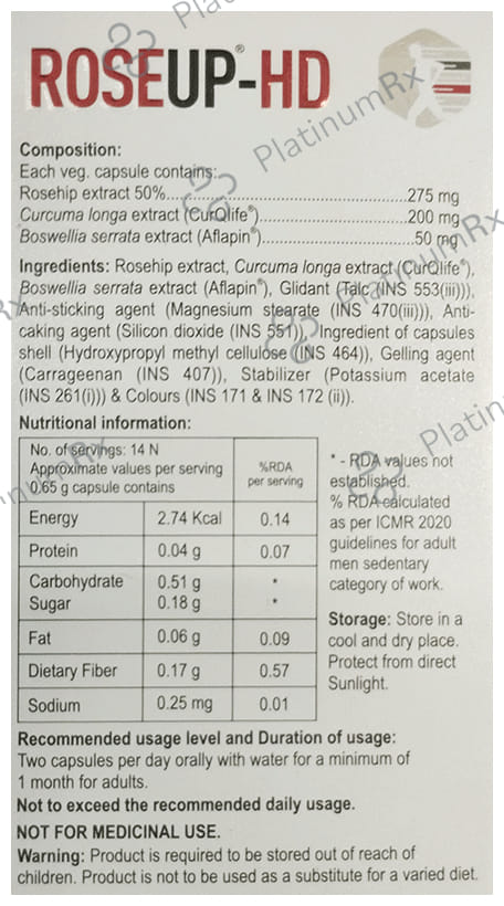 Roseup-Hd Veg Capsule with Rosehip, Curcuma Longa & Boswellia Serrata vegicap 14s
