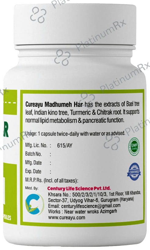 Cureayu Madhumeh Har Ayurvedic Capsule - Enriched with Karela, Guggul & Ashwagandha - Control Blood Sugar -100 % Herbal