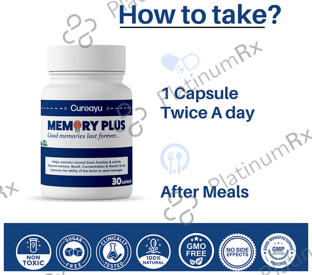 Cureayu Memory Plus Capsule- Made with Amla, Brahmi & More - For Improved Brain Functions -100% Herbal