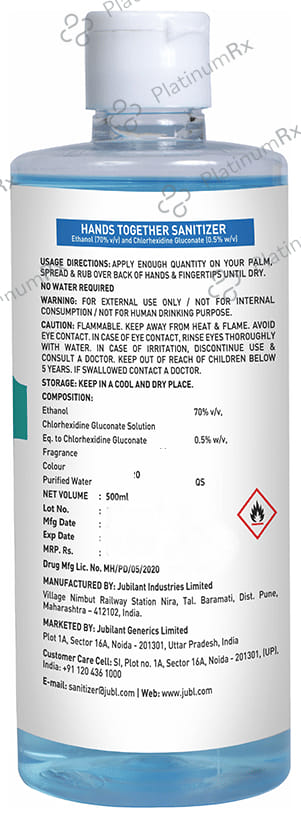 Hands Together Sanitizer with 70% Alcohol & Chlorhexidine Gluconate 500 Sanitizer