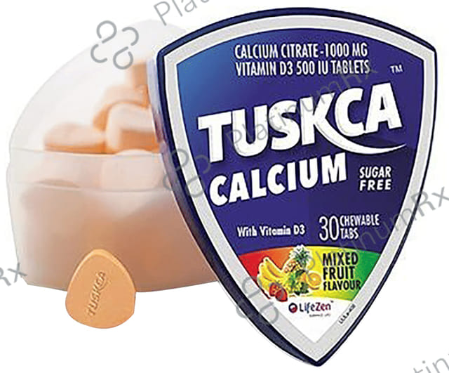 Tuskca Calcium with Vitamin D3 (500 IU) - Sugar Free - Flavour Mixed Fruit Chewable Tablet