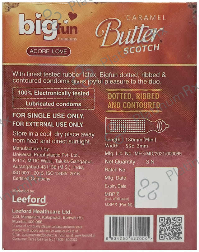 Bigfun Dotted, Ribbed & Contoured Caramel Butter Scotch Flavour Condom 3s