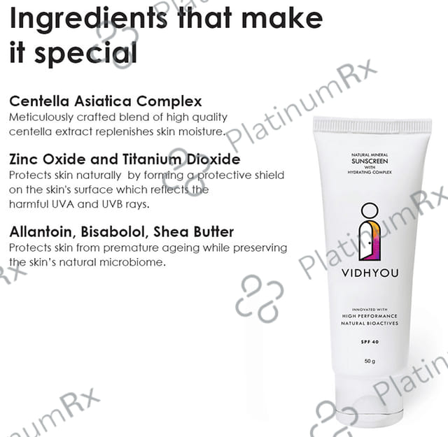 Vidhyou Natural Mineral Sunscreen with Hydrating Complex SPF 40 Lotion 50gm