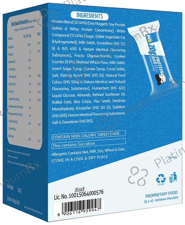 MuscleBlaze 20gm Protein - Flavour Bar Cookies & Cream 6 bars