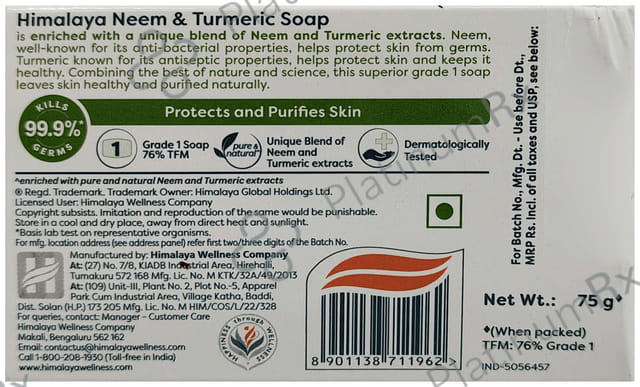 Himalaya Neem & Turmeric Soap Pure & Natural Protects & Purifies Skin 75 gm