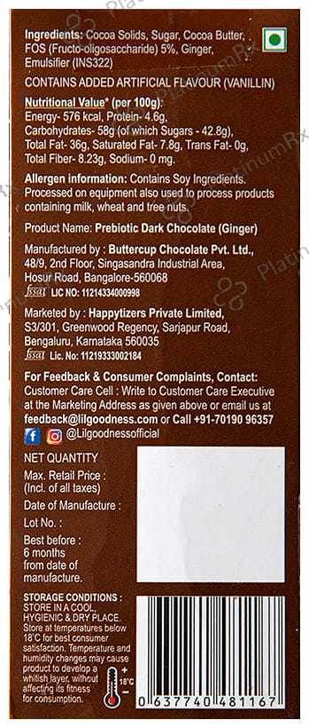 Lil Goodness Prebiotic Dark Chocolate Ginger Flavour Bar 35gm