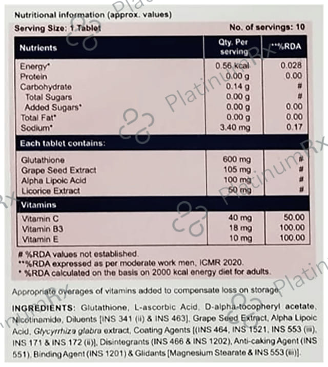 Leeford Glutiford with Glutathione, Vitamins, ALA and Grape Seed Extract - For Skin & Antioxidant Support - Tablet