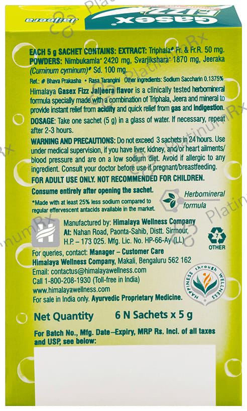 Himalaya Gasex Fizz - - Digestive Wellness- Provides Relief from Acidity & Gas (5gm Each) Jaljeera 6 Sachets