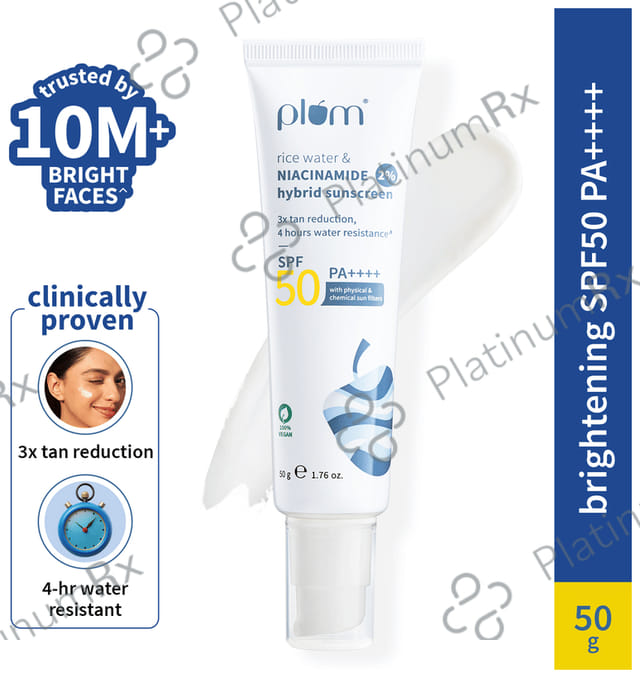Plum 2% Niacinamide & Rice Water Hybrid Face Sunscreen SPF 50 PA+++ Cream 50 gm