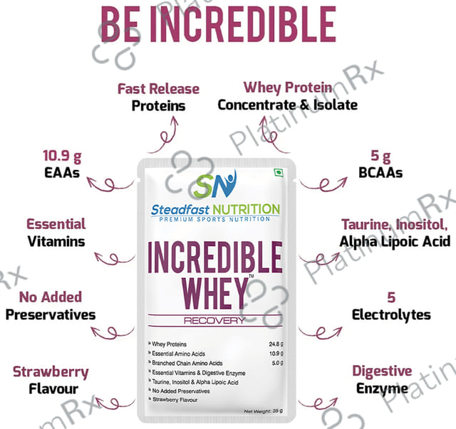 Steadfast Nutrition Incredible Whey Recovery Sachet (35gm Each) Strawberry 60 Sachets