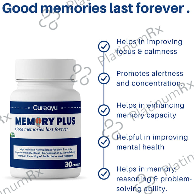 Cureayu Memory Plus Capsule- Made with Amla, Brahmi & More - For Improved Brain Functions -100% Herbal
