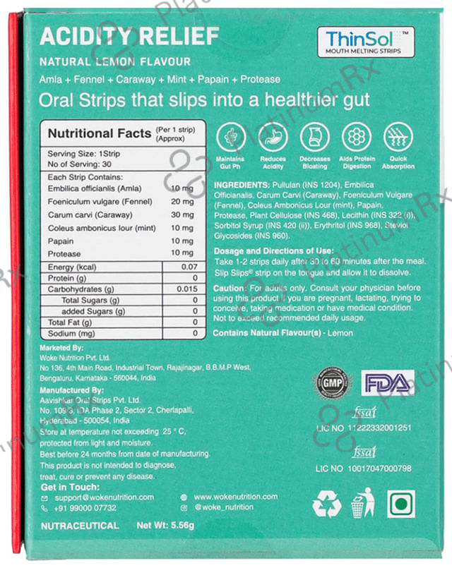 Slip Slip's Acidity Relief Oral Strip for Heartburn, Acidity and Better Gut Health Natural Lemon 30 strips