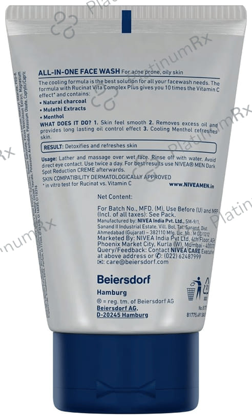Nivea Men Face Wash-All in 1 Charcoal to Detoxify & Refresh Skin with 10x Vitamin C Effect 50 gm