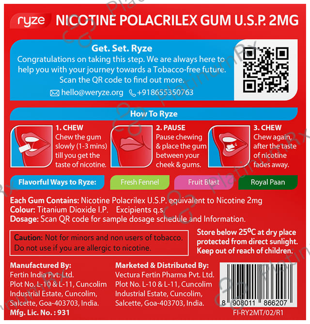 Ryze Nicotine 2mg Frosty Mint Gum 1x9s