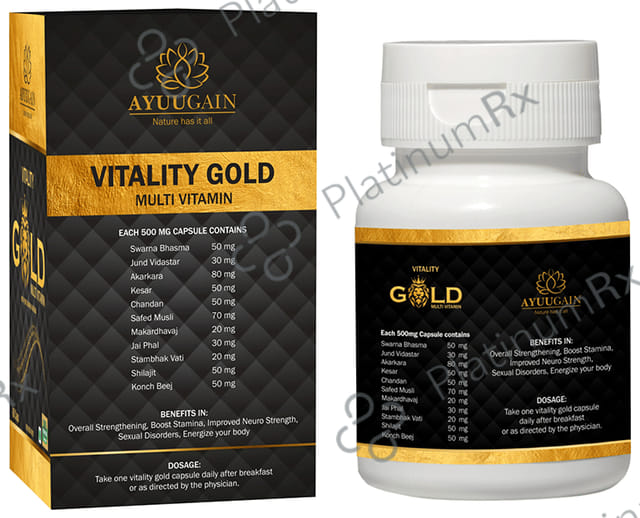 Ayuugain Vitality Gold Capsule Multivitamin For Energy, Stamina & Immunity Booster with Pure Swarna Bhasma for Men (60 Capsule) Capsule