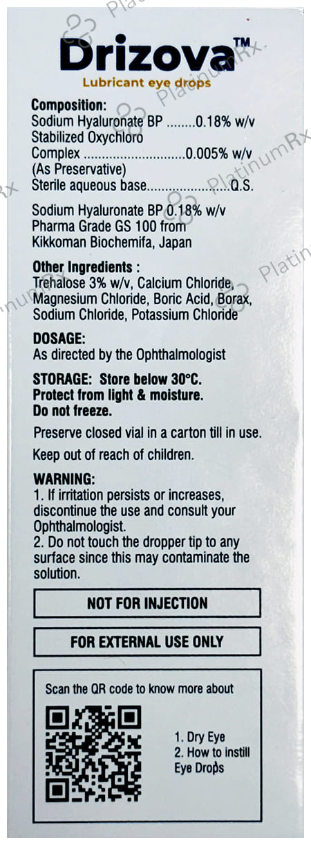Drizova Lubricant 0.18% Eye Drops 10ml