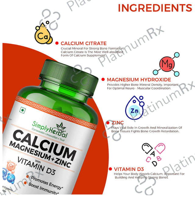 Simply Herbal Calcium + Magnesium + Zinc with Vitamin D3 for Bone Health - Tablet