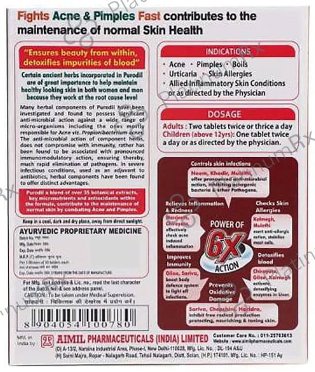 Aimil Purodil Skin Health Tablet - Fights Acne & Pimples - Controls Skin Infections & Allergies