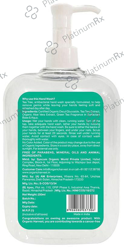 Organic Harvest Care Hand Wash Alcohol and Tea Tree 250 ml
