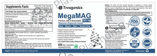 Trexgenics MegaMag with Magnesium Bis-Glycinate - Veg Capsule for Bones, Muscles, Heart & Restful Sleep