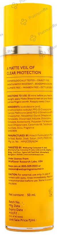 Asaya Under One Sun SPF 40 PA+++ Matte Sunscreen Gel 50ml