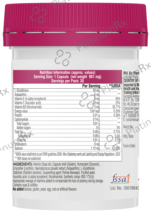 Swisse Glutathione+ Soft Capsule with Astaxanthin, Vitamin C & E, Nicotinamide for Healthy & Bright Skin