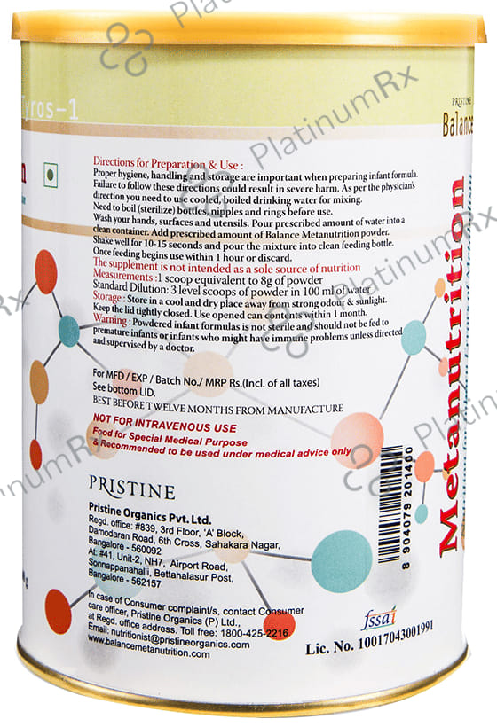 Pristine Balance Metanutrition Tyros 1 (Upto 3 Years) for Metabolism - Flavour Powder Unflavoured