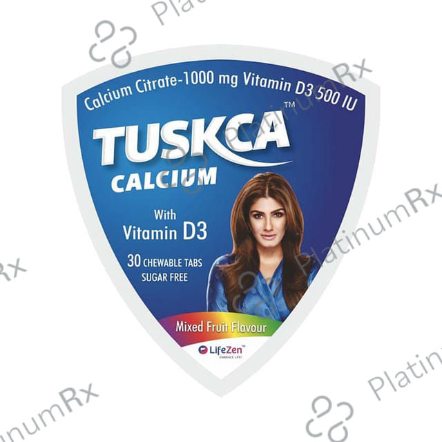 Tuskca Calcium with Vitamin D3 (500 IU) - Sugar Free - Flavour Mixed Fruit Chewable Tablet