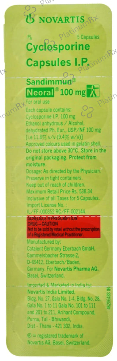 Sandimmun Neoral 100mg Soft Gelatin Capsule 5 Soft Gelatin Capsule