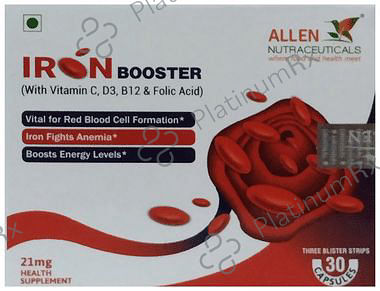 Allen Nutraceutical Iron Booster with Vitamin C, D3, B12 & Folic Acid - For Energy, Anaemia & RBC Formation - Capsule