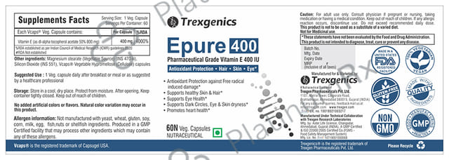Trexgenics Epure Vitamin E 400mg Veg Capsule 60s
