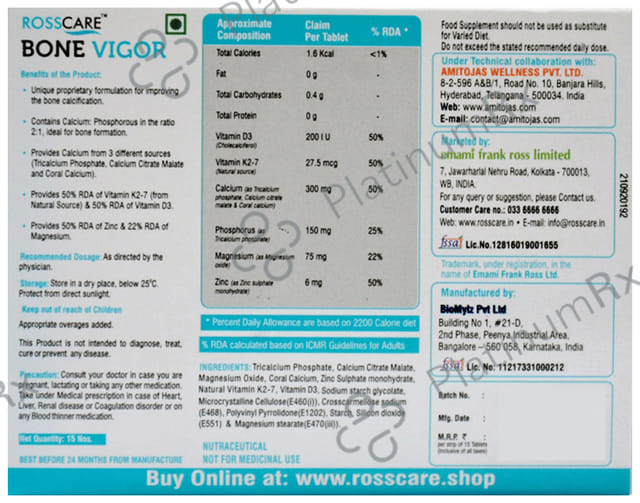 Rosscare Bone Vigor Calcium, D3 & Natural K2 7 Tablet