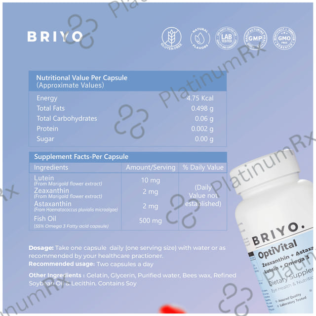 Briyo OptiVital with Zeaxanthin, Astaxanthin, Lutein & Omega 3 - Softgel for Eye Health & Nutrition