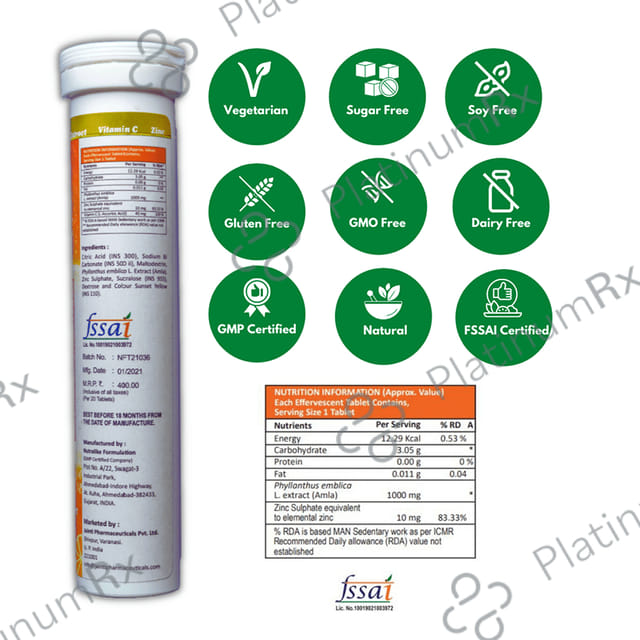 Fitzzi Amla Extract 1000mg, Vitamin C & Zinc Effervescent Tablet