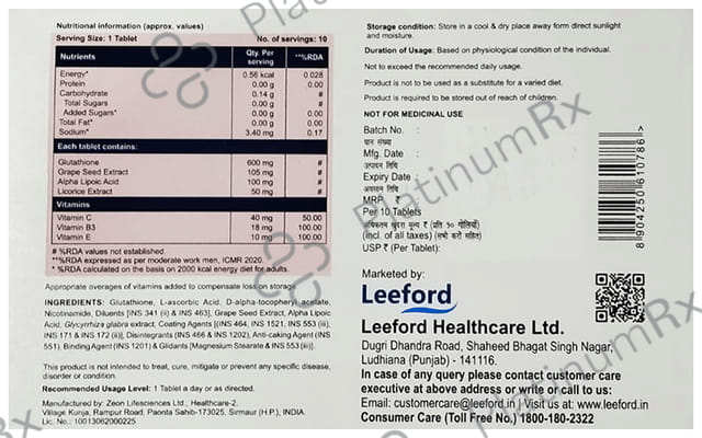 Leeford Glutiford with Glutathione, Vitamins, ALA and Grape Seed Extract - For Skin & Antioxidant Support - Tablet