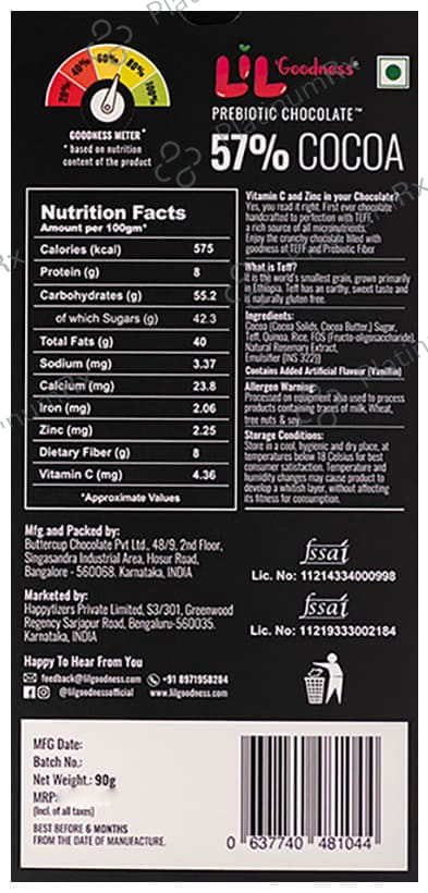 Lil Goodness Prebiotic Chocolate Teff Crackle 57% Cocoa