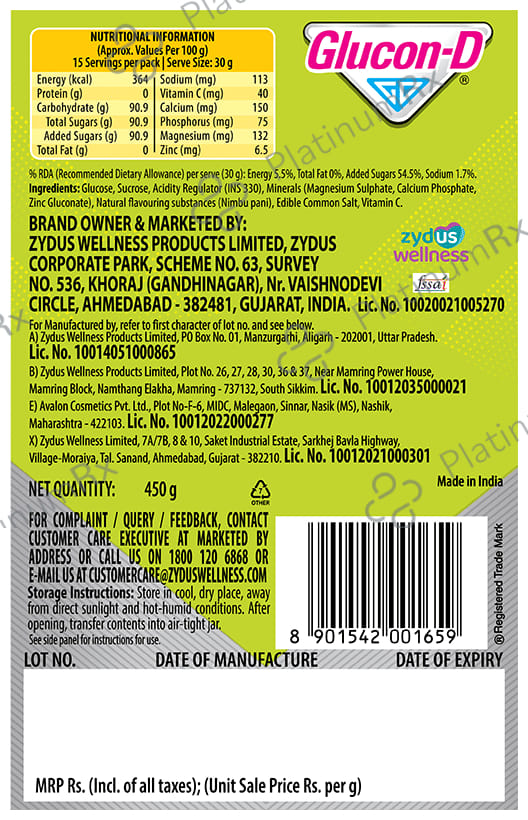 Glucon D with Glucose, Calcium, Vitamin C & Sucrose Flavour Nimbu Pani Powder 450gm