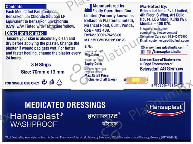 Hansaplast Washproof Medicated Water Resistant Band Aid Strips 8s