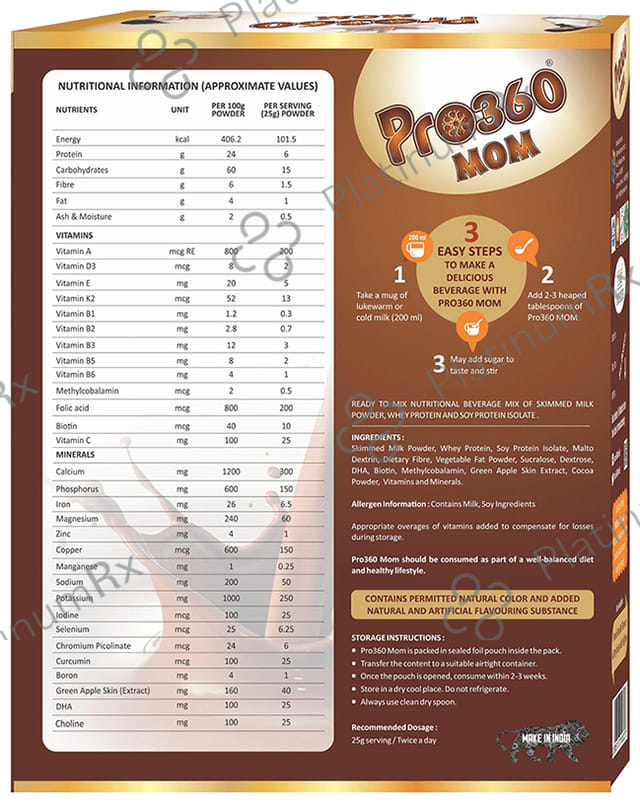 Pro360 Mom Protein Supplement for Pregnancy & Lactation - No Added Sugar - Flavour Swiss Chocolate 400 gm