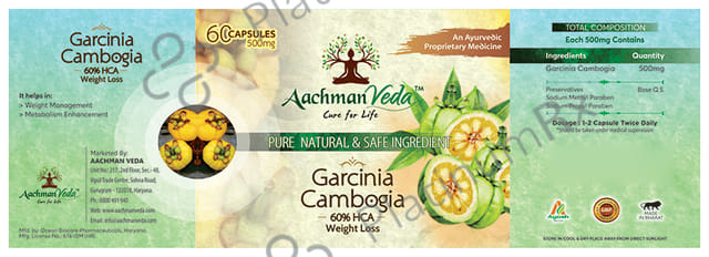 Aachman Veda Garcinia Cambogia 500mg 60% HCA Weight Loss Capsule (60 Each) 1 Bottle