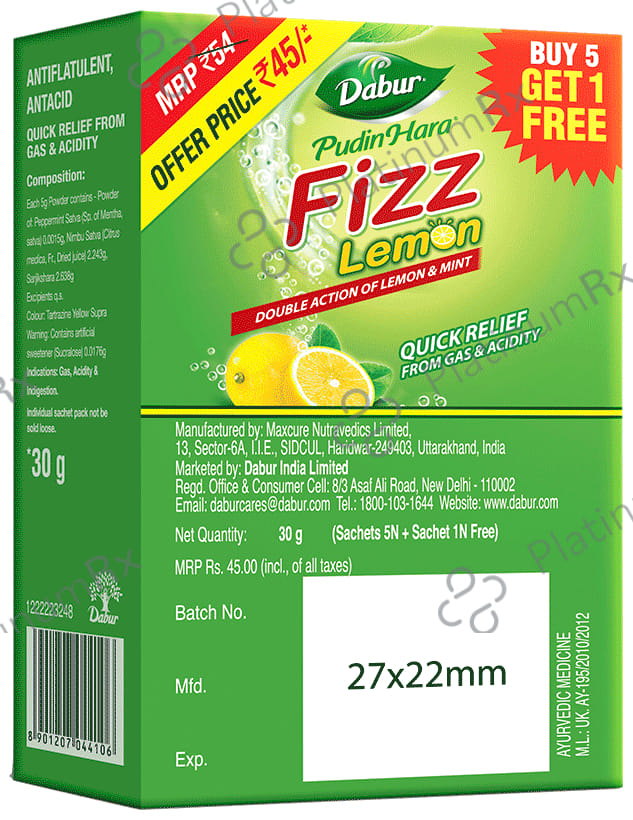 Dabur Pudin Hara Fizz Sachet - Antacid, Quick Relief from Gas & Acidity (5gm Each) Lemon