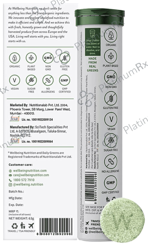 Wellbeing Nutrition Daily Greens Effervescent Tablet for Weight Management, Bone, Digestion, Skin & Immunity 1 Bottle