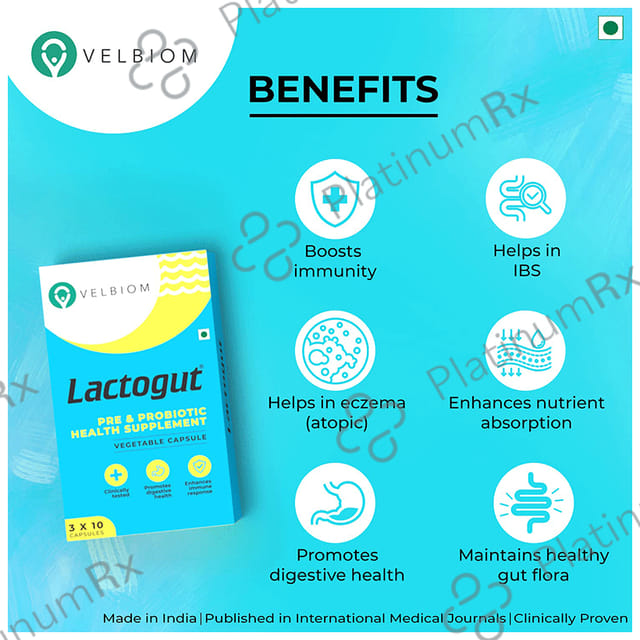 Velbiom Lactogut Pre & Probiotic for Gut Health, Digestion & Immunity - Capsule