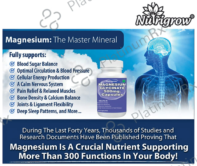 Nutrigrow Magnesium Glycinate 500mg for Muscles, Heart & Anxiety Relief - Capsule