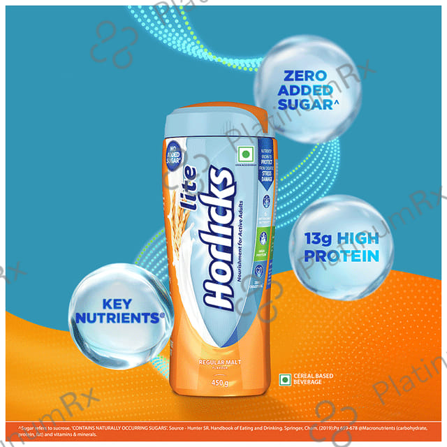 Horlicks Lite with Antioxidant Nutrients, Protein & No Added Sugar for Stamina, Bones, Immunity & Growth Powder Regular Malt