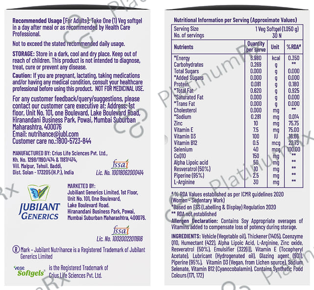 Jubilant Nutrihance UB Gold 150mg of CoQ10 with ALA & Vitamin D3 - Veg Softgel for Heart & Nerve Health 30 Soft Gelatin Capsule