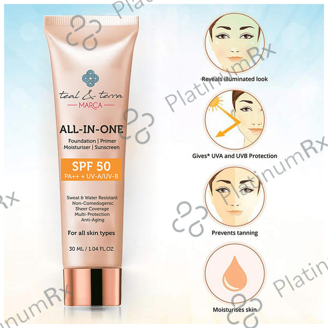 Teal & Terra Marca All In One Foundation Primer Mosituriser Sunscreen SPF 50 Cream 30ml